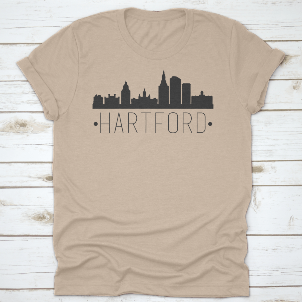 A stylish t-shirt featuring the Hartford Connecticut city skyline silhouette design, showcasing iconic buildings in a sleek vector style.