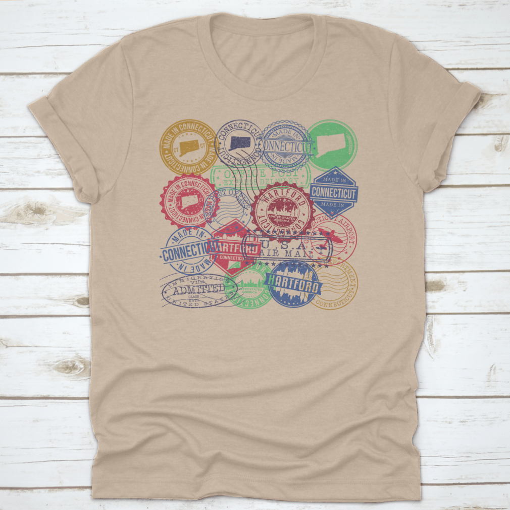 A beautifully designed set of travel stamps featuring iconic Hartford, Connecticut landmarks and symbols.