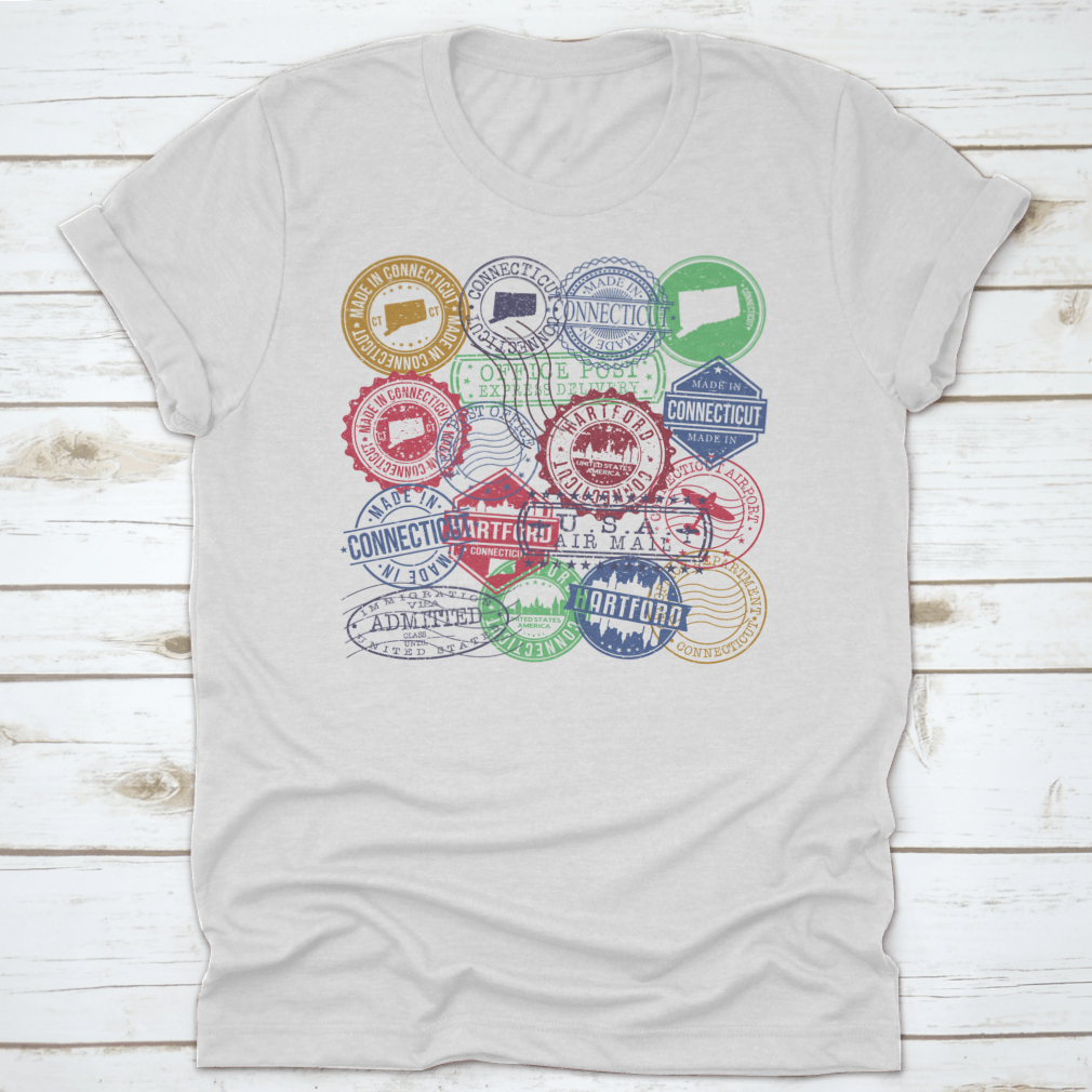 A beautifully designed set of travel stamps featuring iconic Hartford, Connecticut landmarks and symbols.