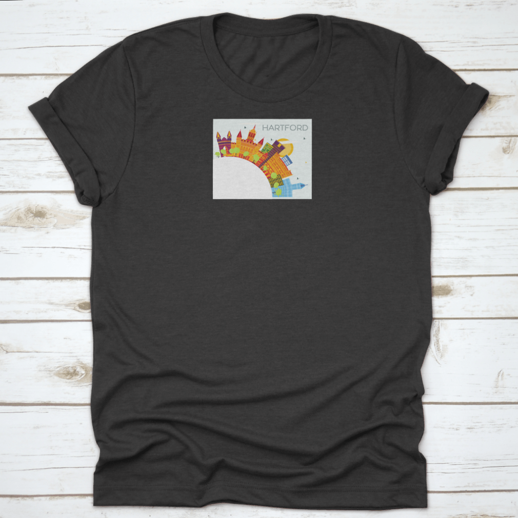 A vibrant t-shirt featuring the Hartford Connecticut skyline with colorful buildings, showcasing the city's iconic architecture.
