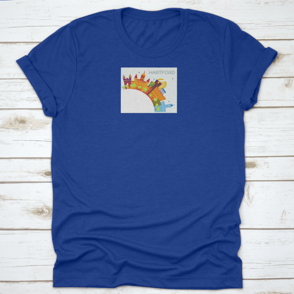 A vibrant t-shirt featuring the Hartford Connecticut skyline with colorful buildings, showcasing the city's iconic architecture.
