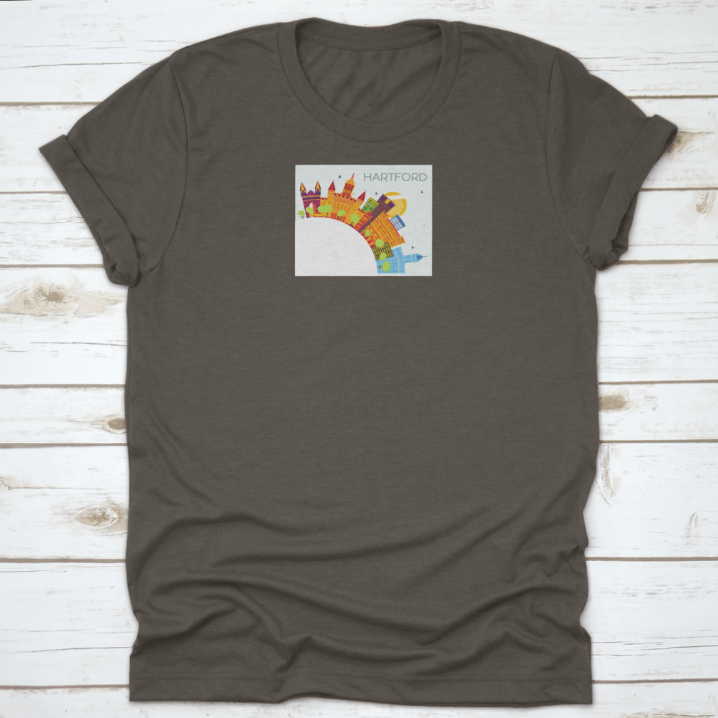 A vibrant t-shirt featuring the Hartford Connecticut skyline with colorful buildings, showcasing the city's iconic architecture.