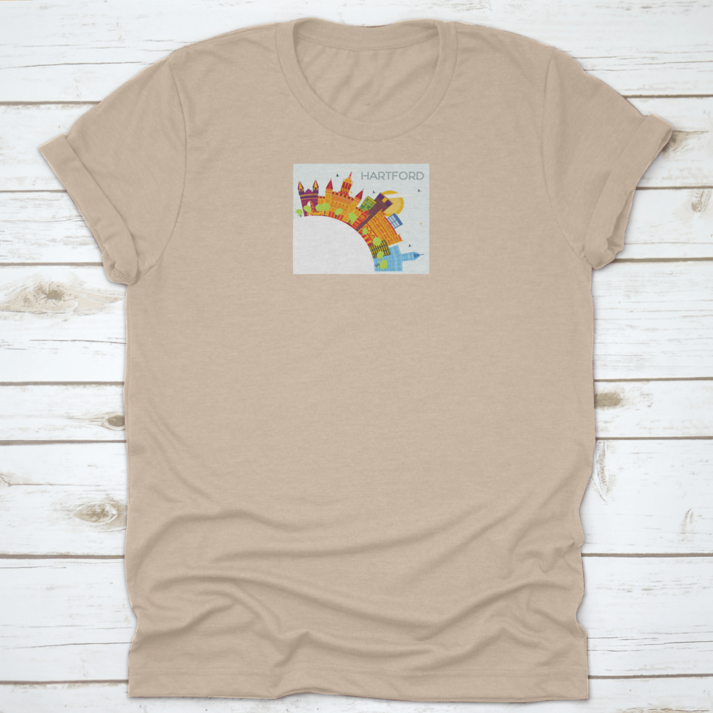 A vibrant t-shirt featuring the Hartford Connecticut skyline with colorful buildings, showcasing the city's iconic architecture.