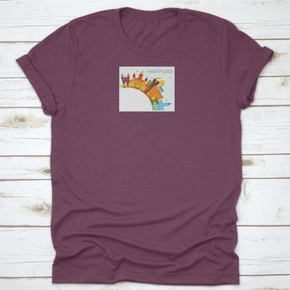 A vibrant t-shirt featuring the Hartford Connecticut skyline with colorful buildings, showcasing the city's iconic architecture.
