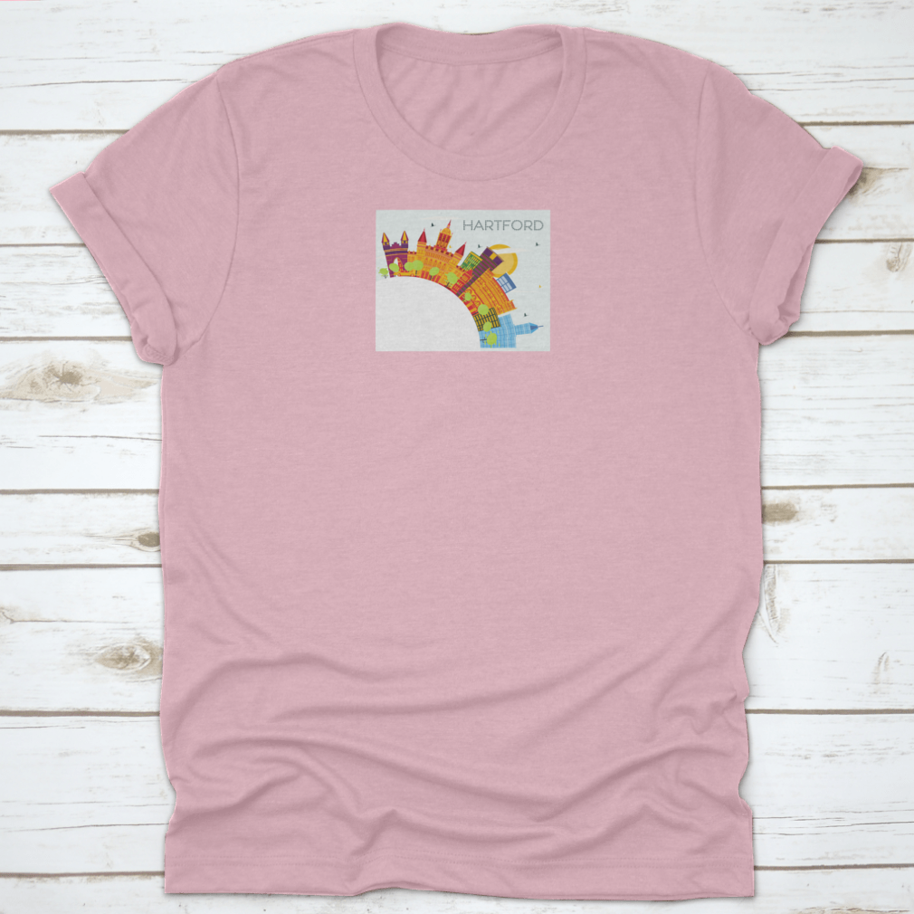 A vibrant t-shirt featuring the Hartford Connecticut skyline with colorful buildings, showcasing the city's iconic architecture.