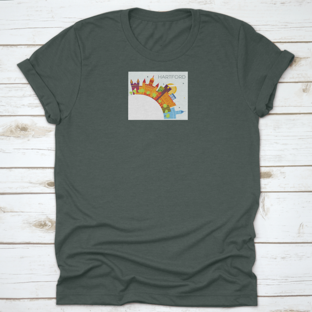 A vibrant t-shirt featuring the Hartford Connecticut skyline with colorful buildings, showcasing the city's iconic architecture.