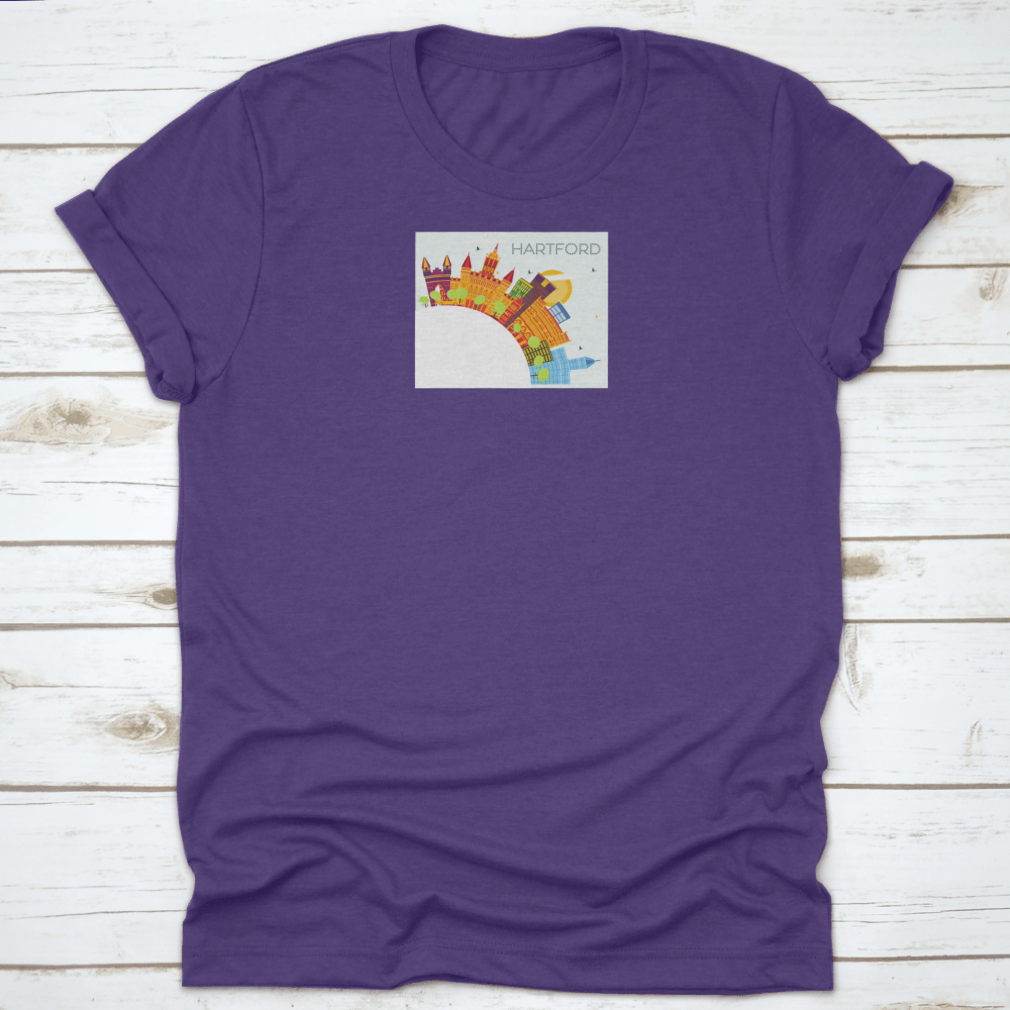 A vibrant t-shirt featuring the Hartford Connecticut skyline with colorful buildings, showcasing the city's iconic architecture.