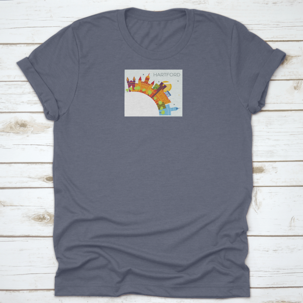A vibrant t-shirt featuring the Hartford Connecticut skyline with colorful buildings, showcasing the city's iconic architecture.