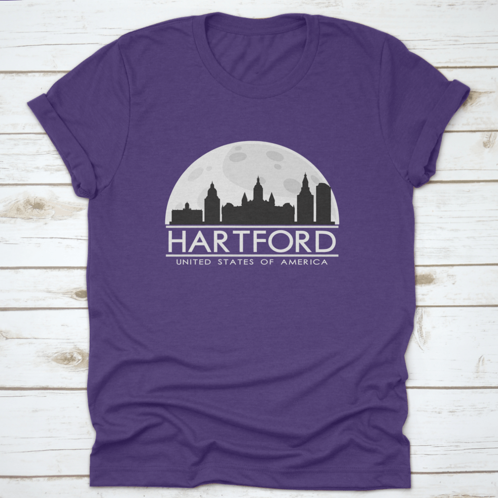 Hartford Full Moon Night Skyline Silhouette T-shirt featuring a city skyline design under a full moon.