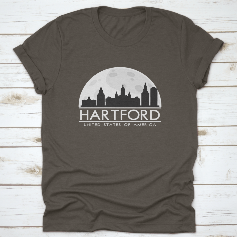 Hartford Full Moon Night Skyline Silhouette T-shirt featuring a city skyline design under a full moon.