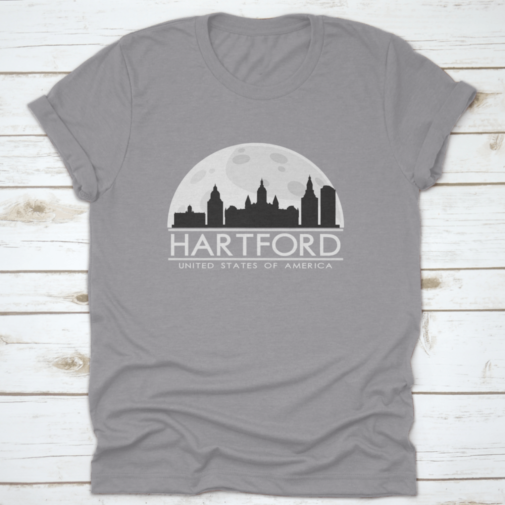Hartford Full Moon Night Skyline Silhouette T-shirt featuring a city skyline design under a full moon.