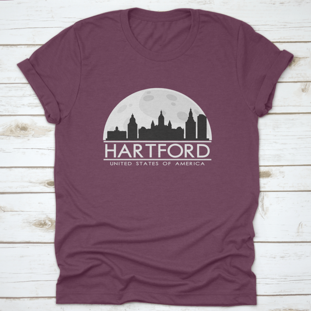 Hartford Full Moon Night Skyline Silhouette T-shirt featuring a city skyline design under a full moon.