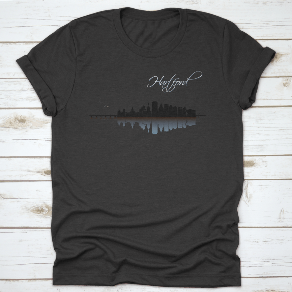 A stylish Hartford Skyline t-shirt featuring a classic fit, made from 100% cotton, showcasing the skyline of Hartford, Connecticut.