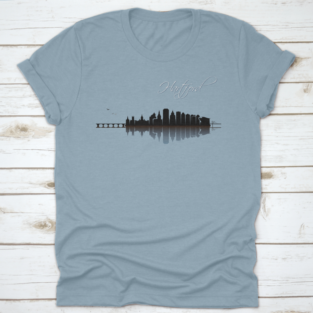 A stylish Hartford Skyline t-shirt featuring a classic fit, made from 100% cotton, showcasing the skyline of Hartford, Connecticut.