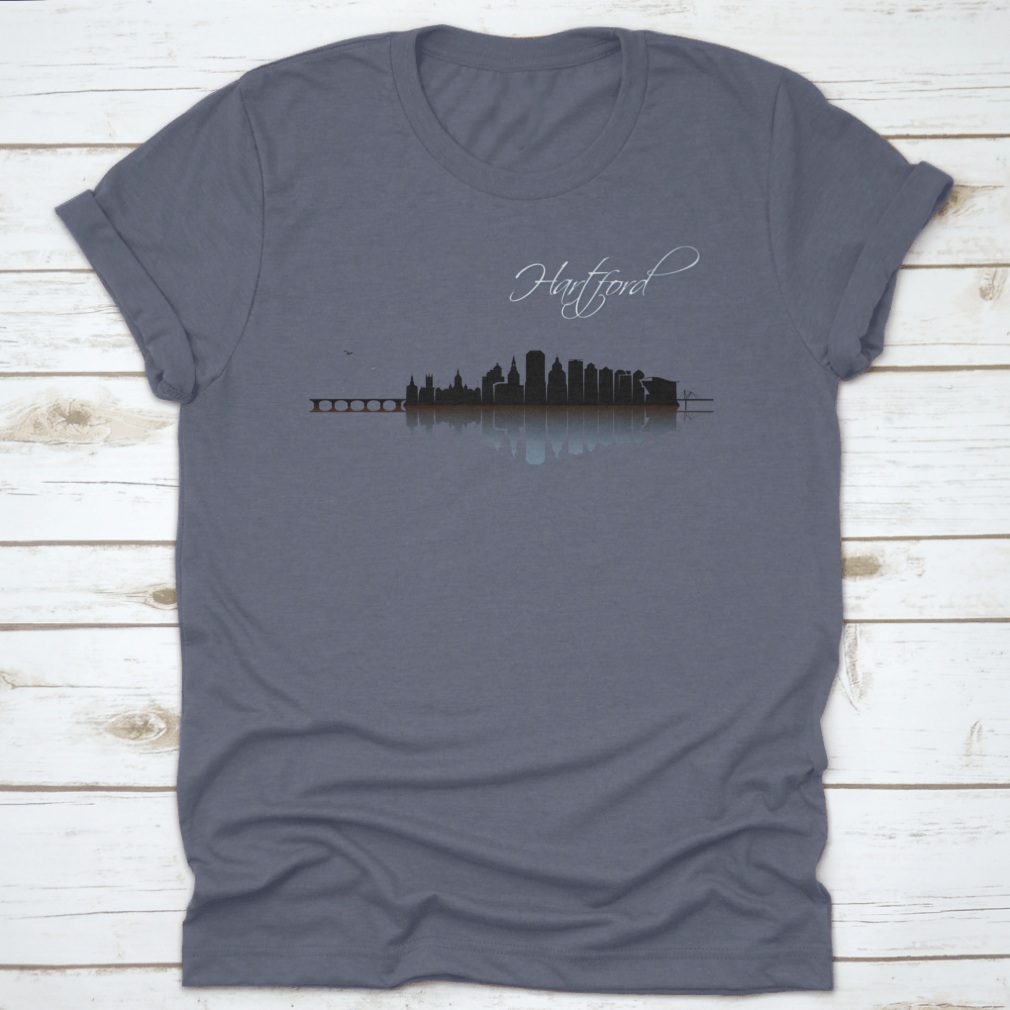 A stylish Hartford Skyline t-shirt featuring a classic fit, made from 100% cotton, showcasing the skyline of Hartford, Connecticut.