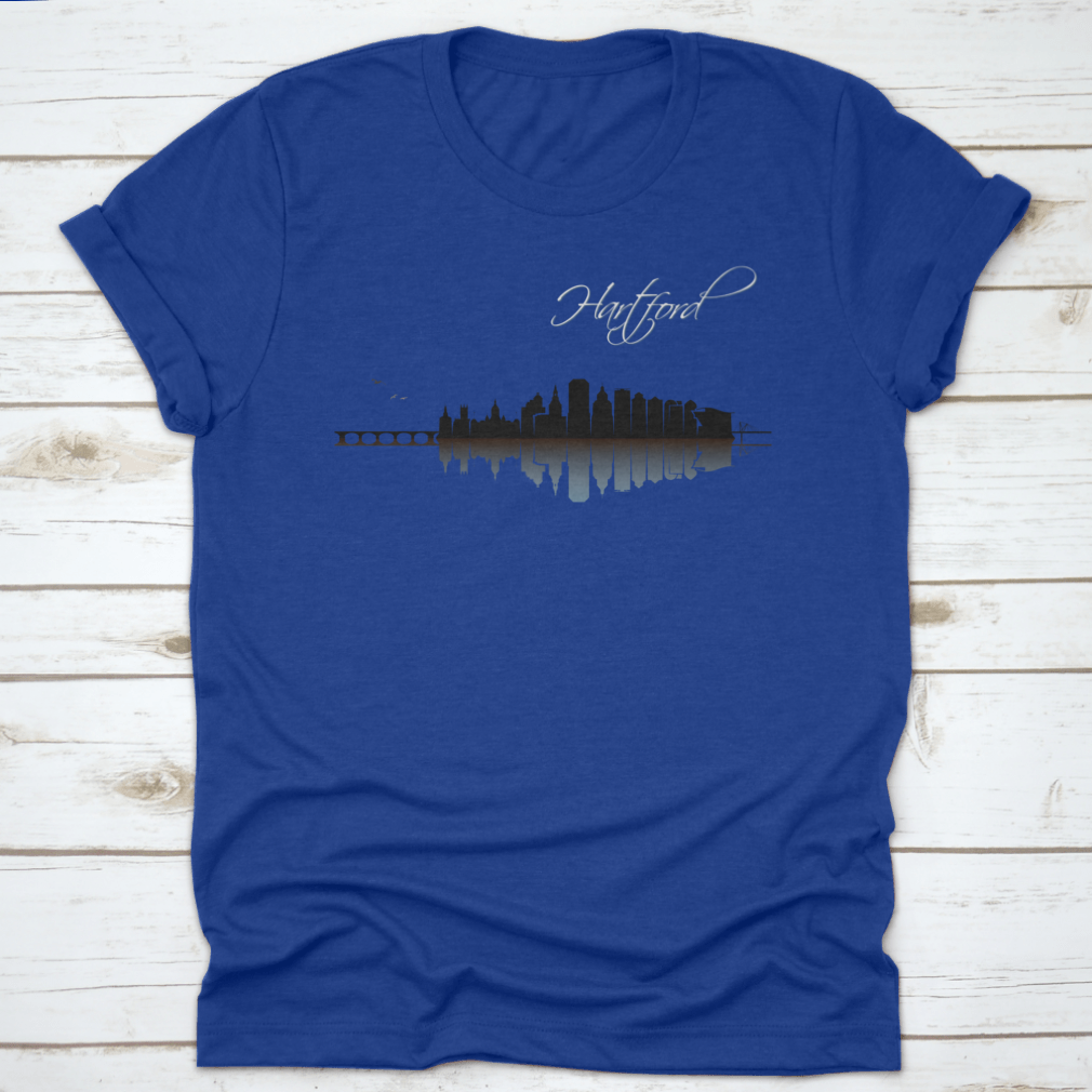 A stylish Hartford Skyline t-shirt featuring a classic fit, made from 100% cotton, showcasing the skyline of Hartford, Connecticut.