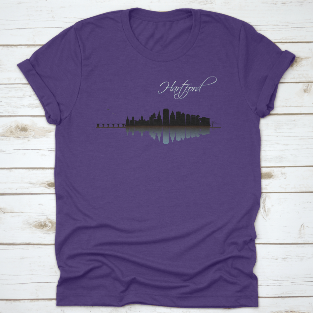 A stylish Hartford Skyline t-shirt featuring a classic fit, made from 100% cotton, showcasing the skyline of Hartford, Connecticut.
