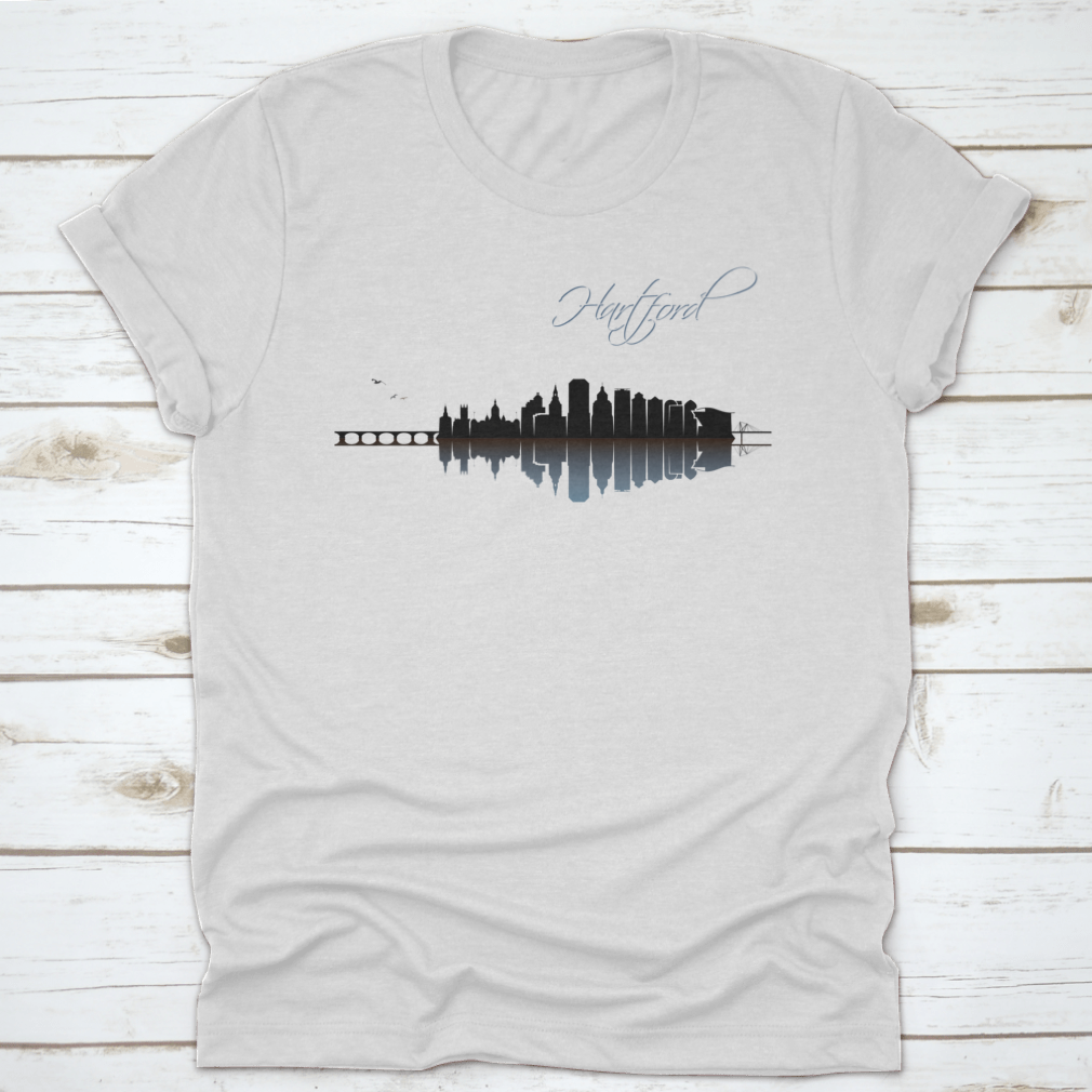 A stylish Hartford Skyline t-shirt featuring a classic fit, made from 100% cotton, showcasing the skyline of Hartford, Connecticut.