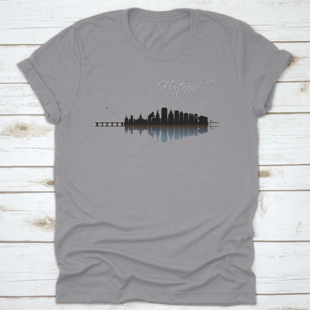 A stylish Hartford Skyline t-shirt featuring a classic fit, made from 100% cotton, showcasing the skyline of Hartford, Connecticut.