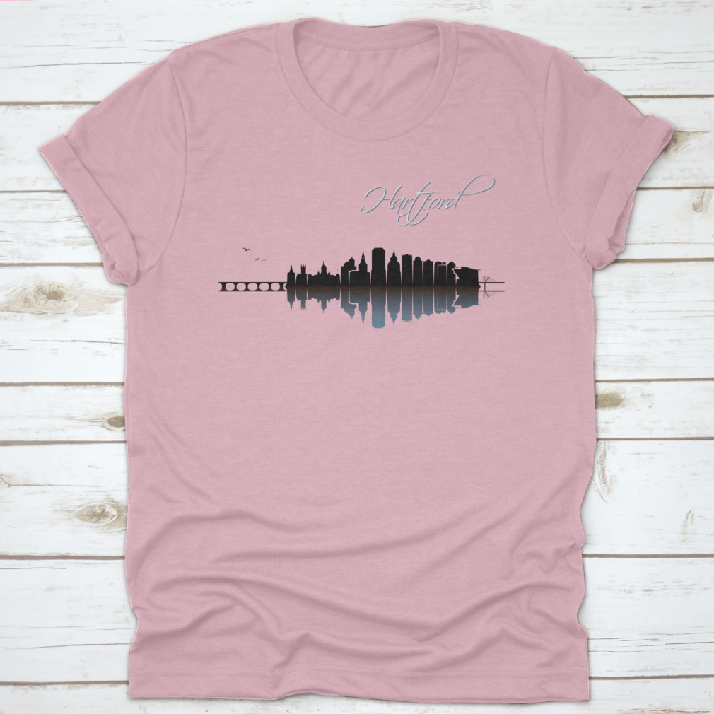 A stylish Hartford Skyline t-shirt featuring a classic fit, made from 100% cotton, showcasing the skyline of Hartford, Connecticut.
