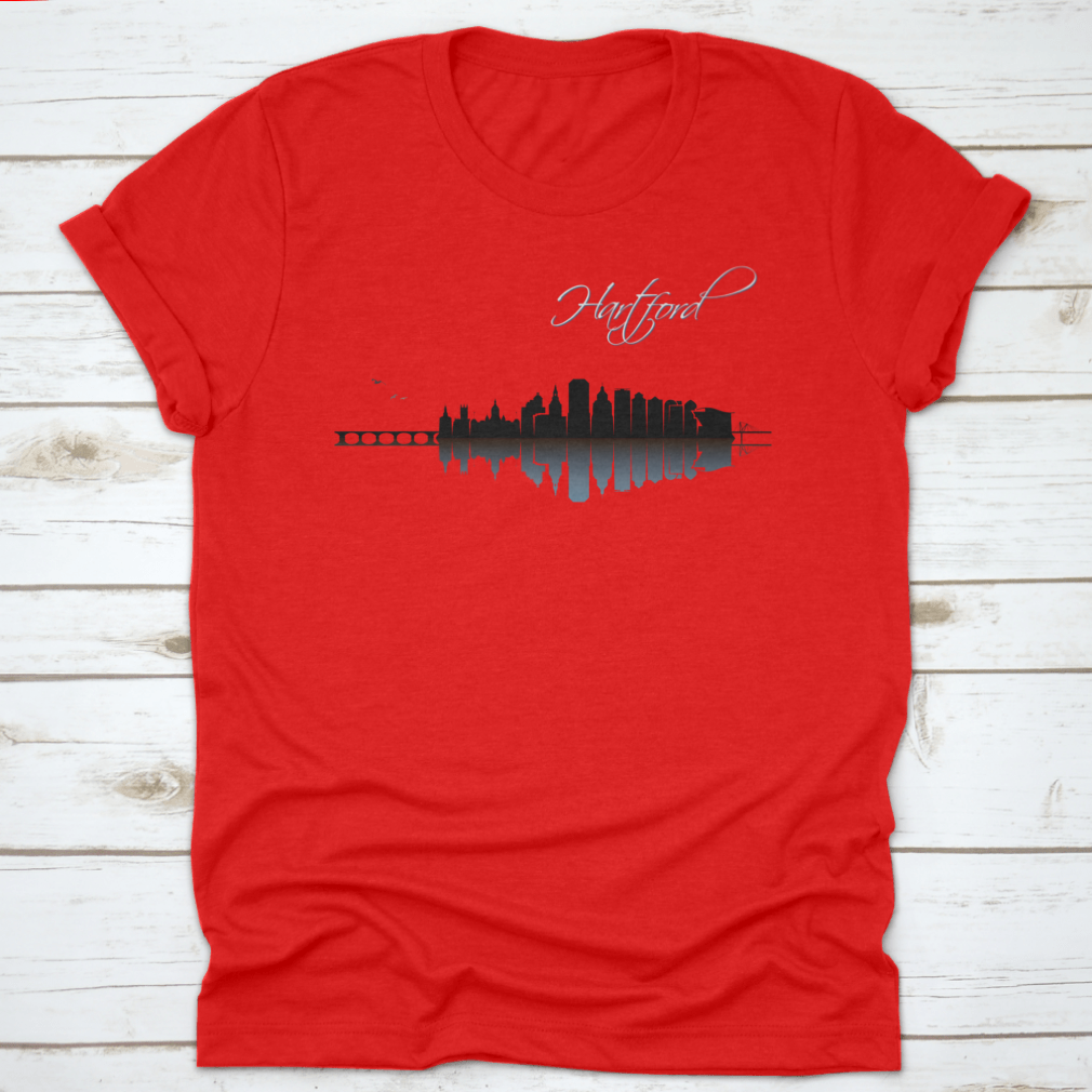 A stylish Hartford Skyline t-shirt featuring a classic fit, made from 100% cotton, showcasing the skyline of Hartford, Connecticut.