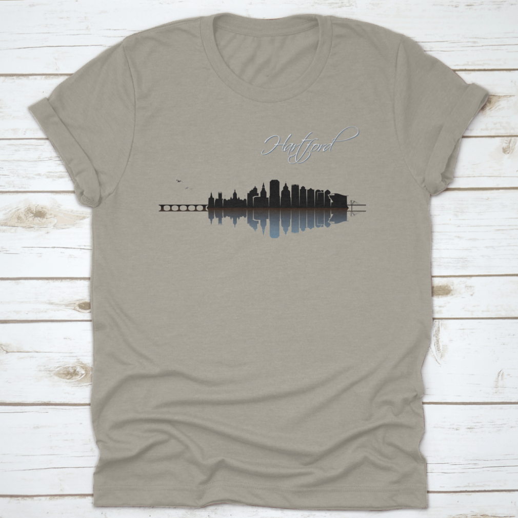 A stylish Hartford Skyline t-shirt featuring a classic fit, made from 100% cotton, showcasing the skyline of Hartford, Connecticut.