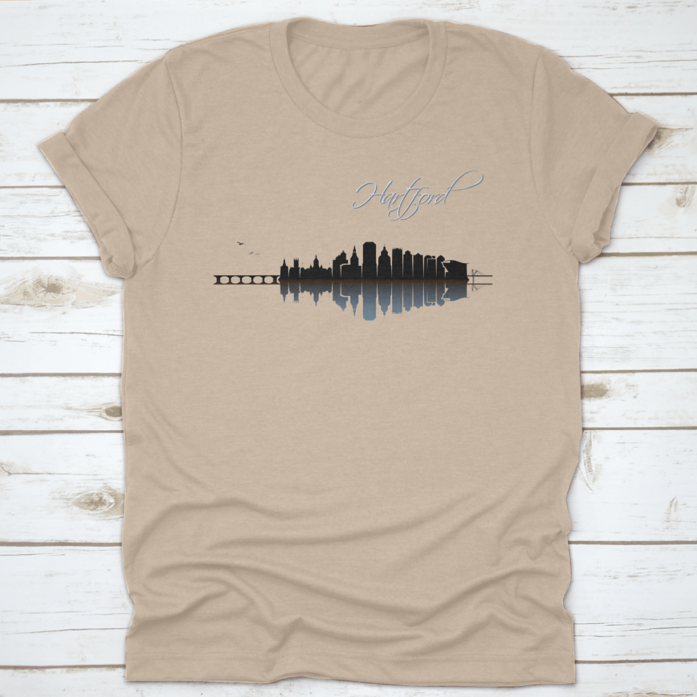 A stylish Hartford Skyline t-shirt featuring a classic fit, made from 100% cotton, showcasing the skyline of Hartford, Connecticut.