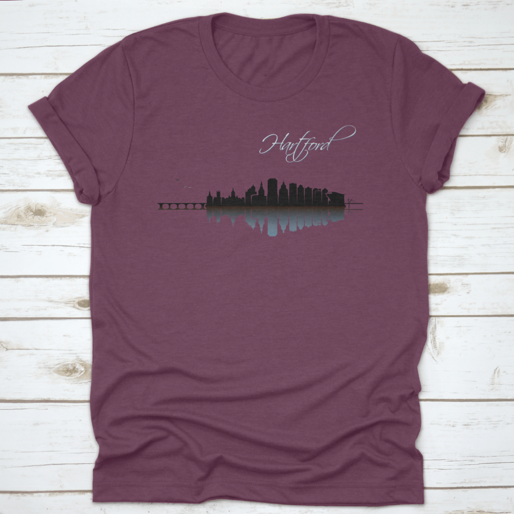A stylish Hartford Skyline t-shirt featuring a classic fit, made from 100% cotton, showcasing the skyline of Hartford, Connecticut.