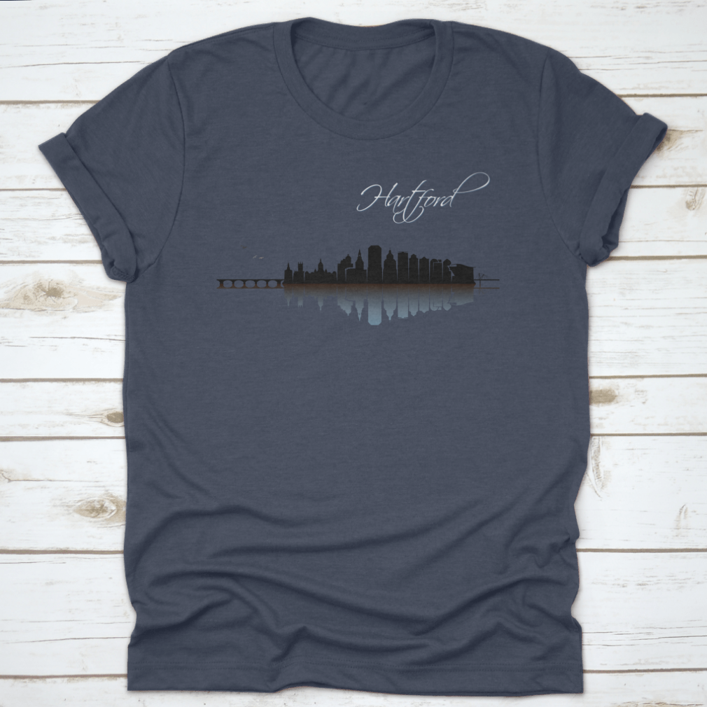 A stylish Hartford Skyline t-shirt featuring a classic fit, made from 100% cotton, showcasing the skyline of Hartford, Connecticut.