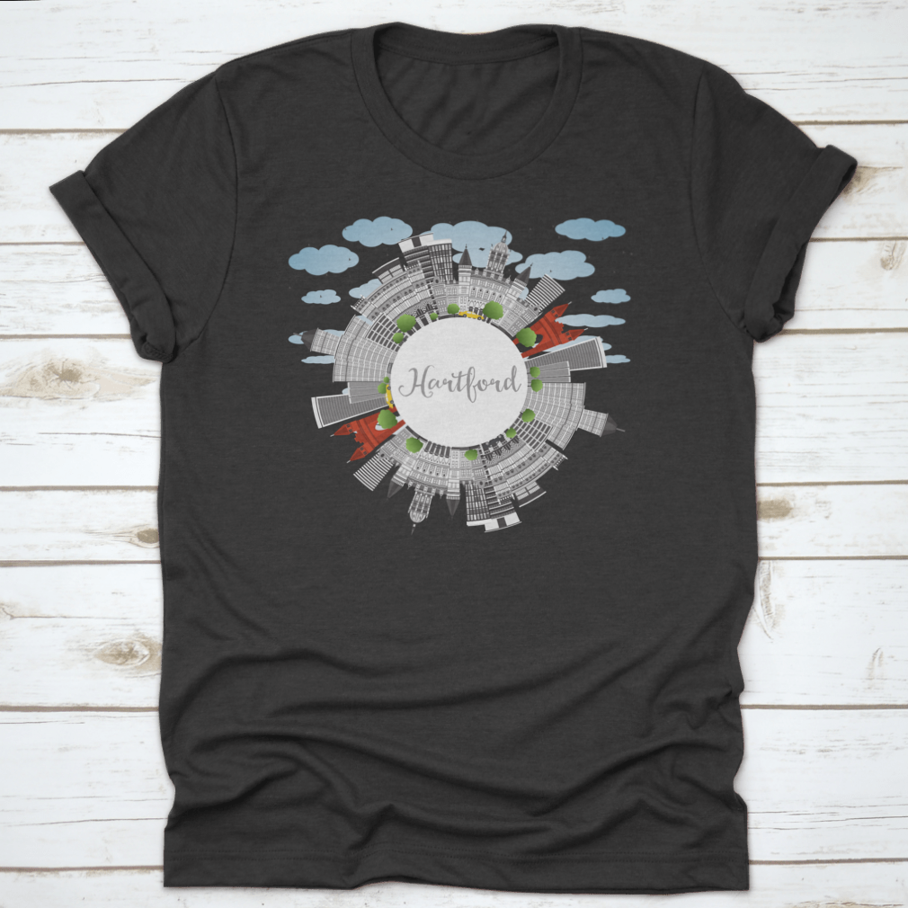 A stylish t-shirt featuring the Hartford Skyline with gray buildings, perfect for business travel and tourism enthusiasts.