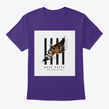 Have Faith Slogan T-shirt featuring a tiger face design on a ripped paper effect with a striped background.
