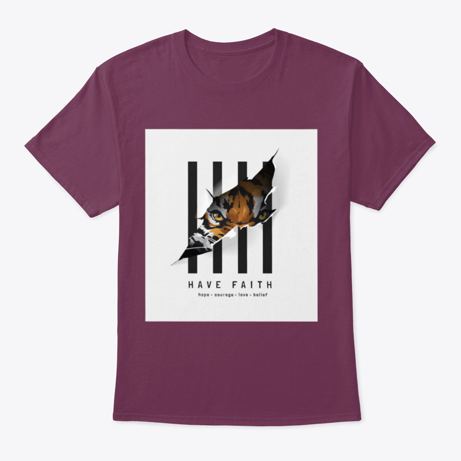 Have Faith Slogan T-shirt featuring a tiger face design on a ripped paper effect with a striped background.