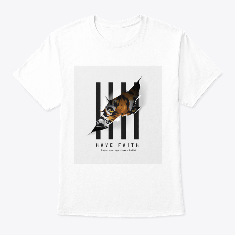 Have Faith Slogan T-shirt featuring a tiger face design on a ripped paper effect with a striped background.