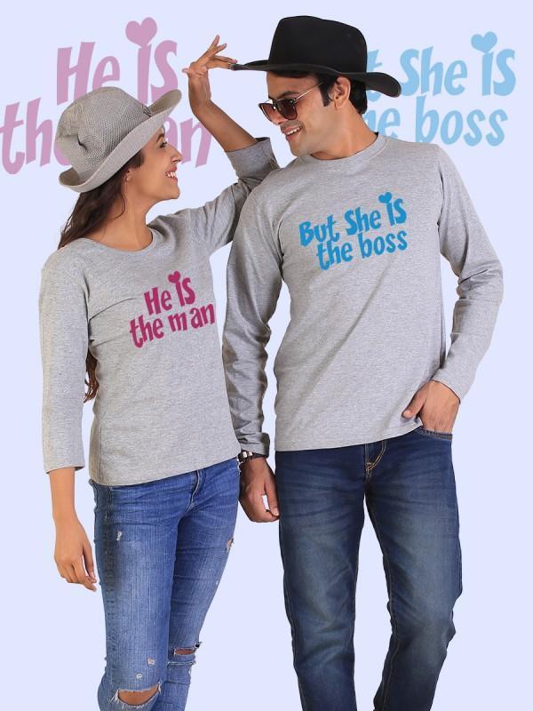 Couple full sleeves gray t-shirts with 'He is the Man, She is the Boss' printed design, showcasing a stylish and comfortable fit.