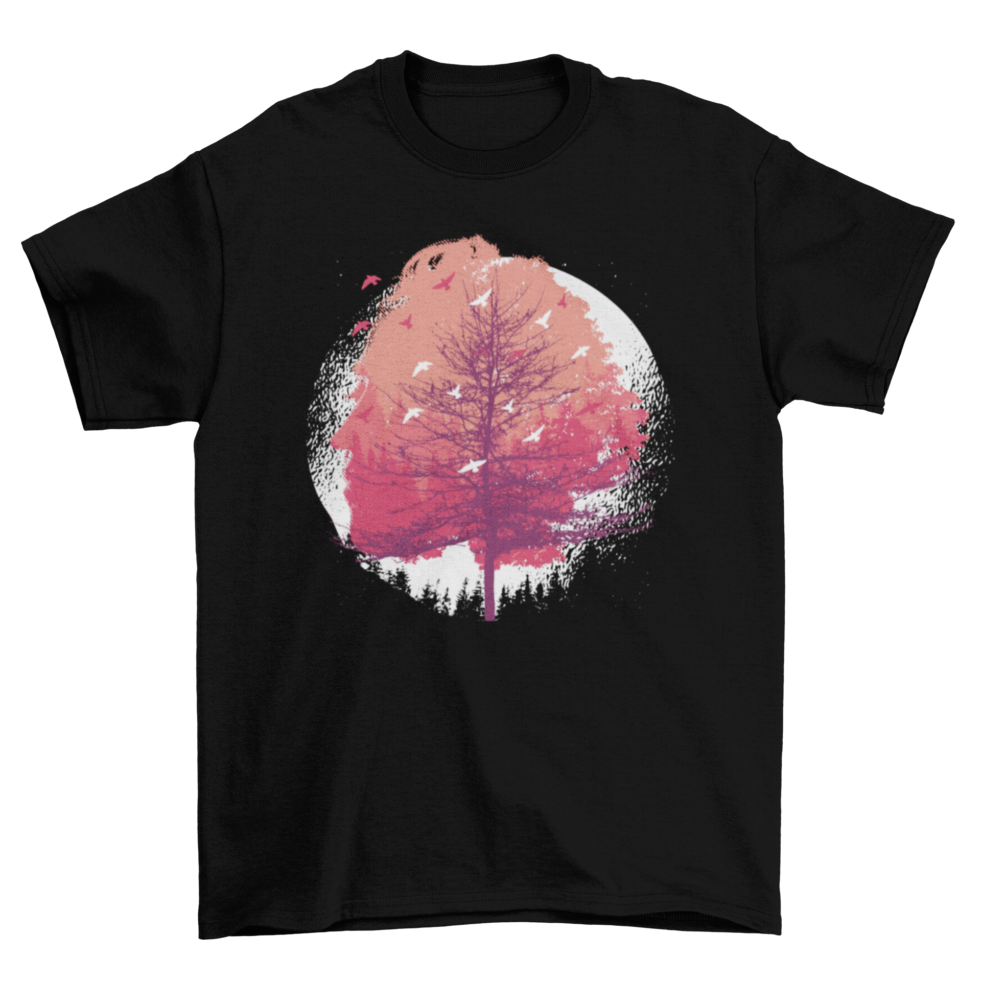 Head Tree T-Shirt featuring an artistic tree design with a woman's face in a colorful watercolor splash background.