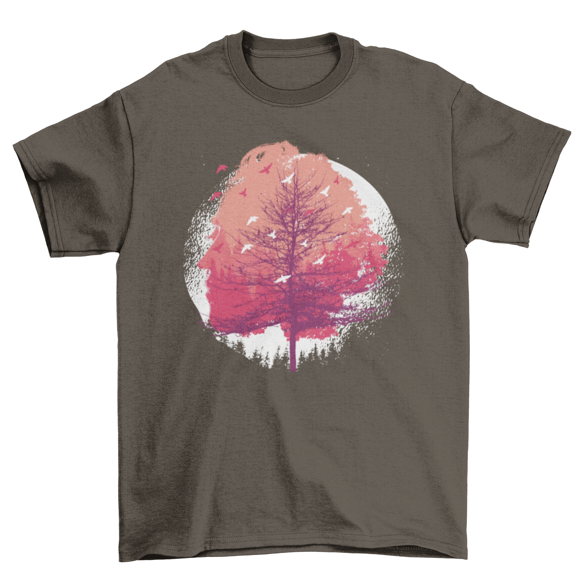 Head Tree T-Shirt featuring an artistic tree design with a woman's face in a colorful watercolor splash background.