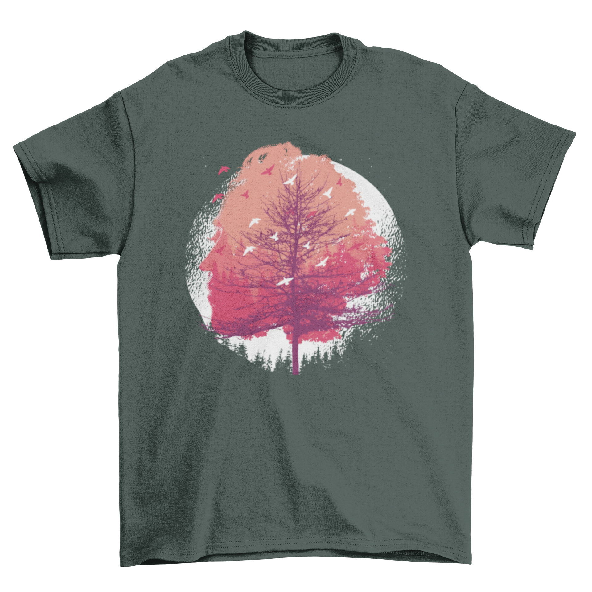 Head Tree T-Shirt featuring an artistic tree design with a woman's face in a colorful watercolor splash background.
