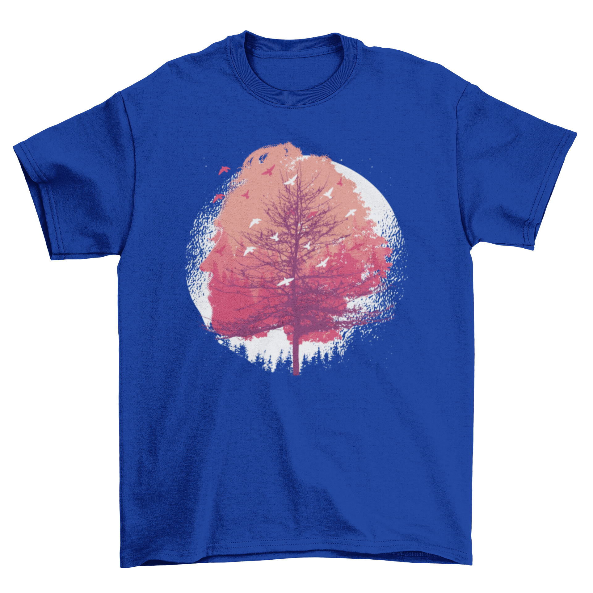 Head Tree T-Shirt featuring an artistic tree design with a woman's face in a colorful watercolor splash background.