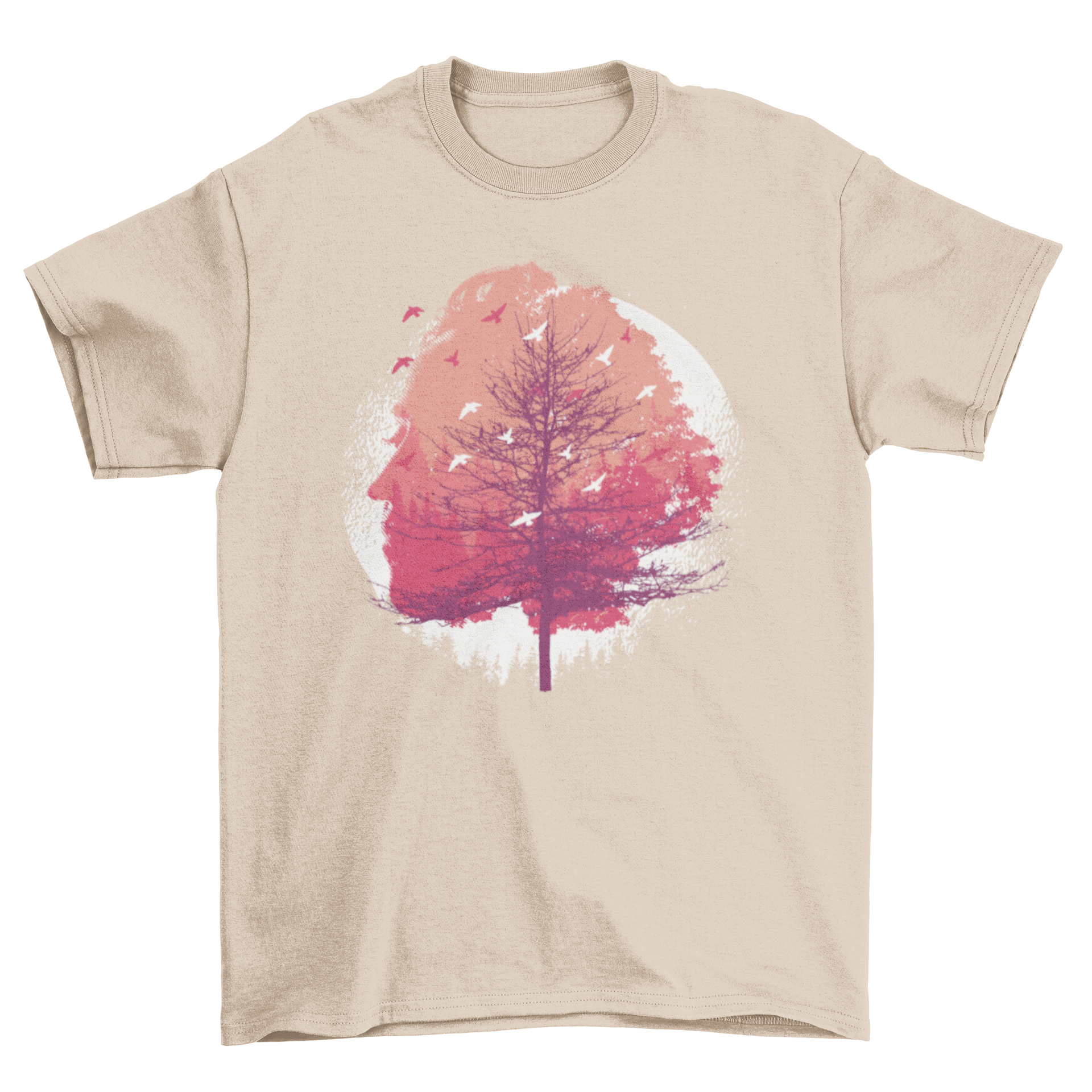 Head Tree T-Shirt featuring an artistic tree design with a woman's face in a colorful watercolor splash background.
