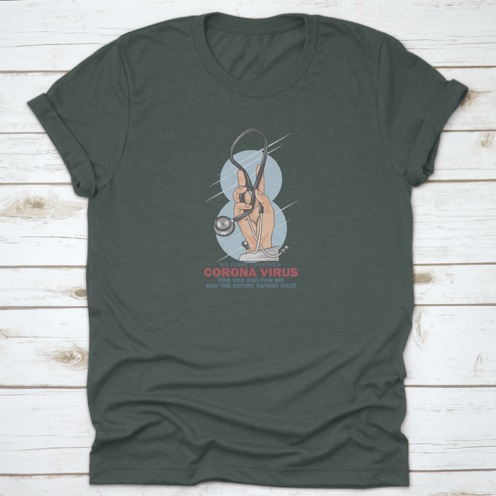 Health Care Unit T-Shirt featuring 'We Fight Together Corona' text, made from 100% cotton, showcasing a classic fit and midweight fabric.