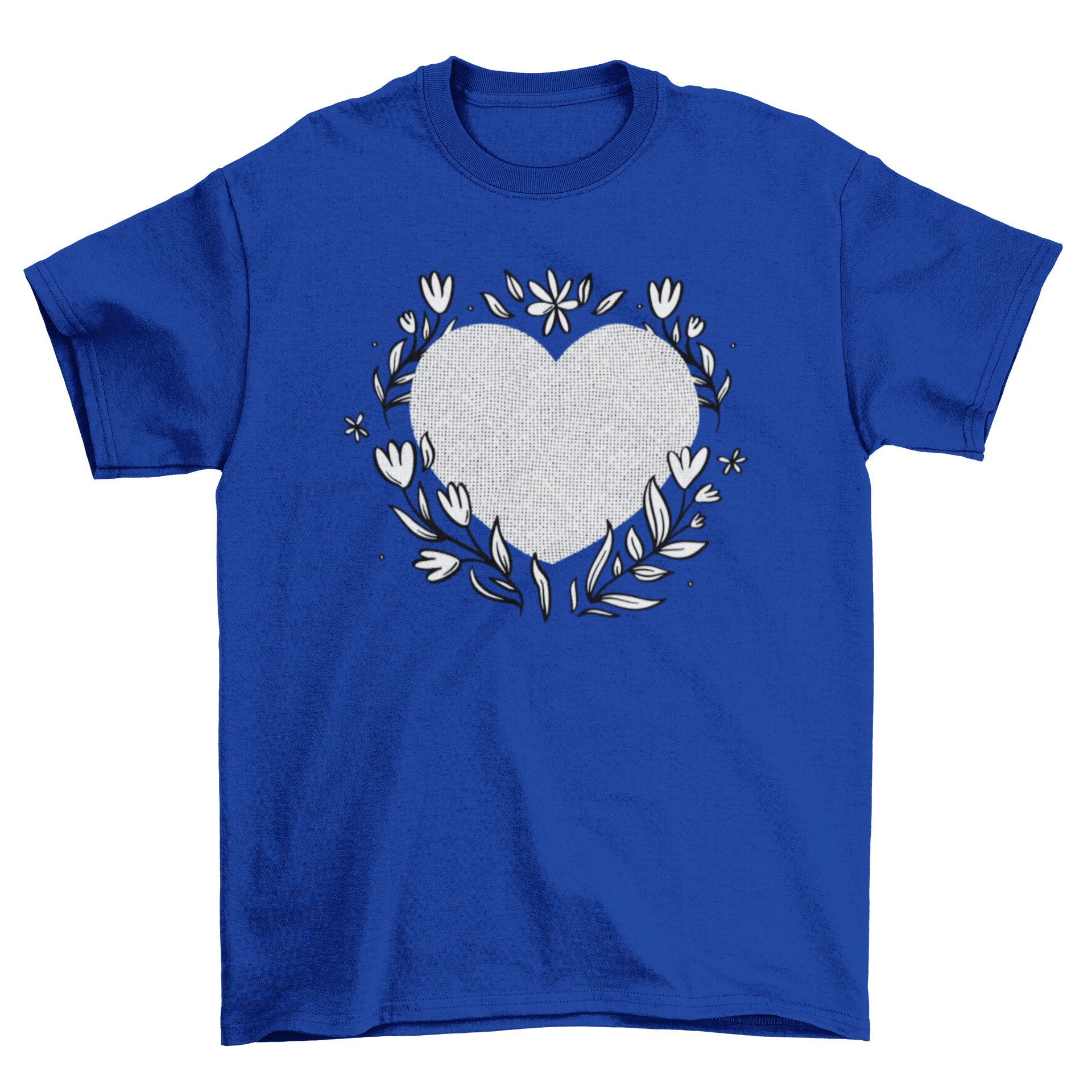 A cute t-shirt featuring a heart design surrounded by colorful flowers and green leaves, perfect for casual wear.