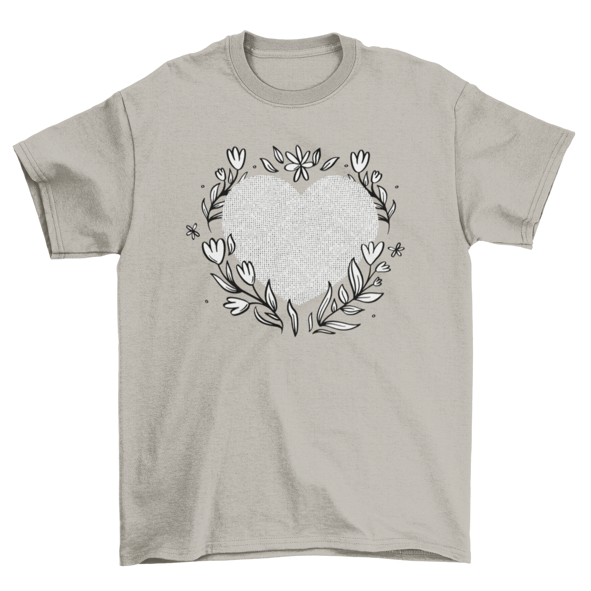 A cute t-shirt featuring a heart design surrounded by colorful flowers and green leaves, perfect for casual wear.