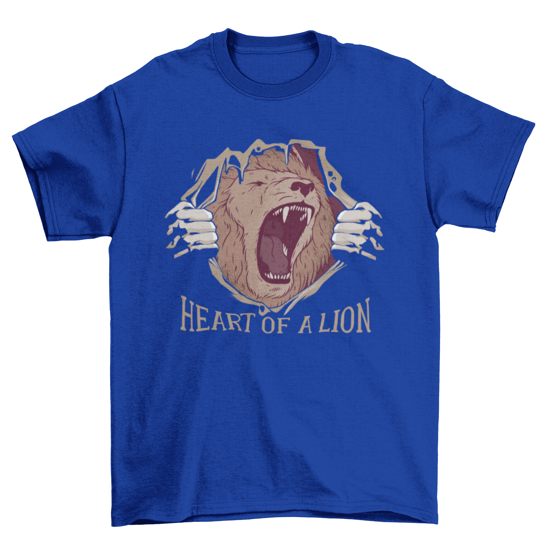 Heart of a Lion T-shirt design featuring a roaring lion and hands ripping the shirt, showcasing strength and courage.