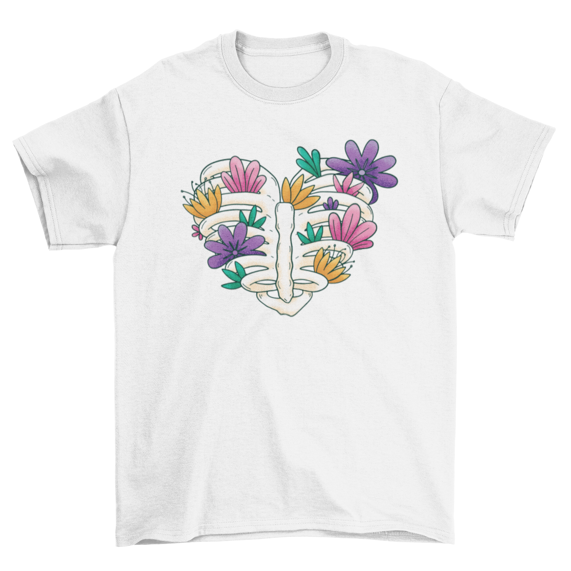 Heart ribcage t-shirt featuring a floral design inside the ribcage illustration.