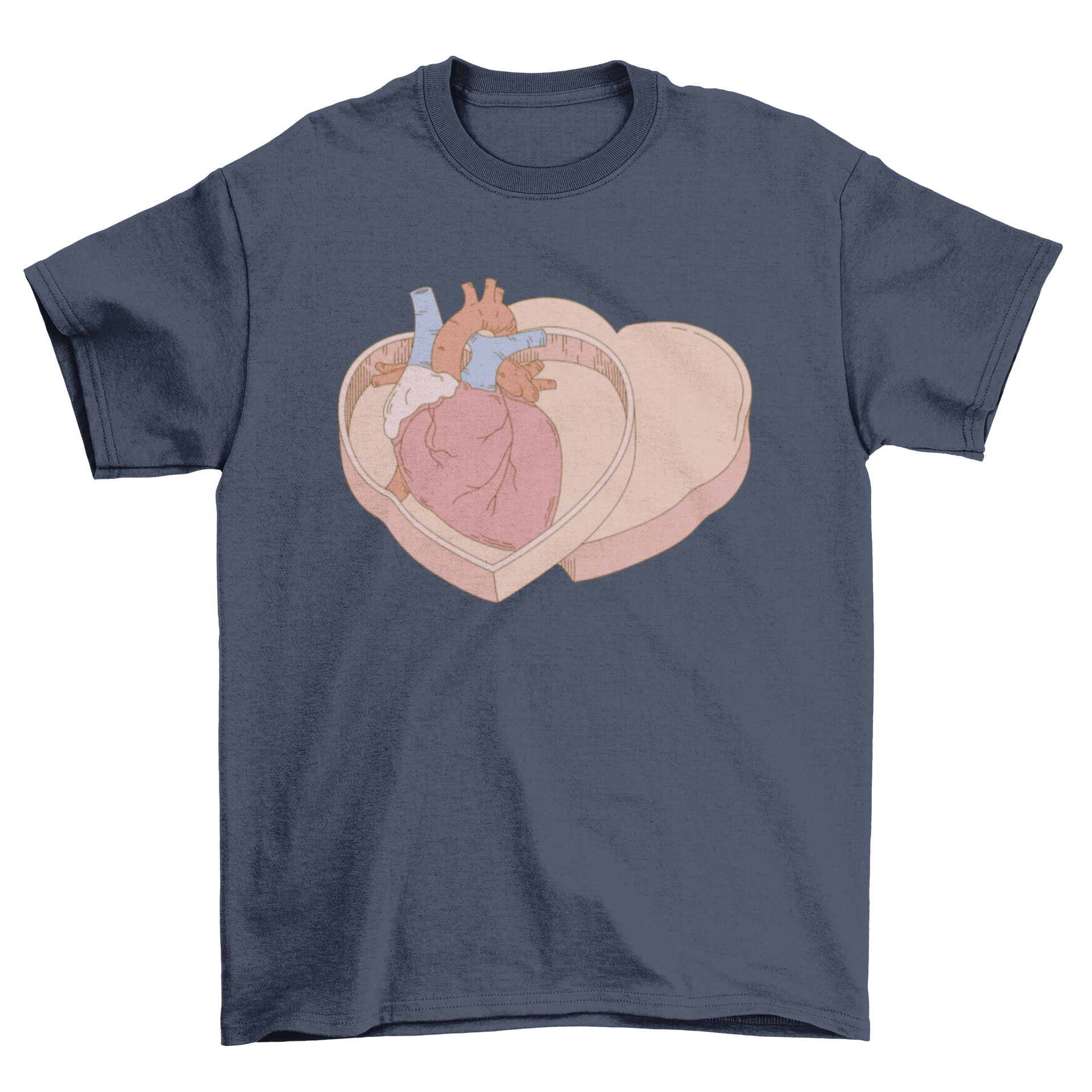 A stylish t-shirt featuring two heart-shaped boxes with an anatomical heart design, showcasing love and creativity.