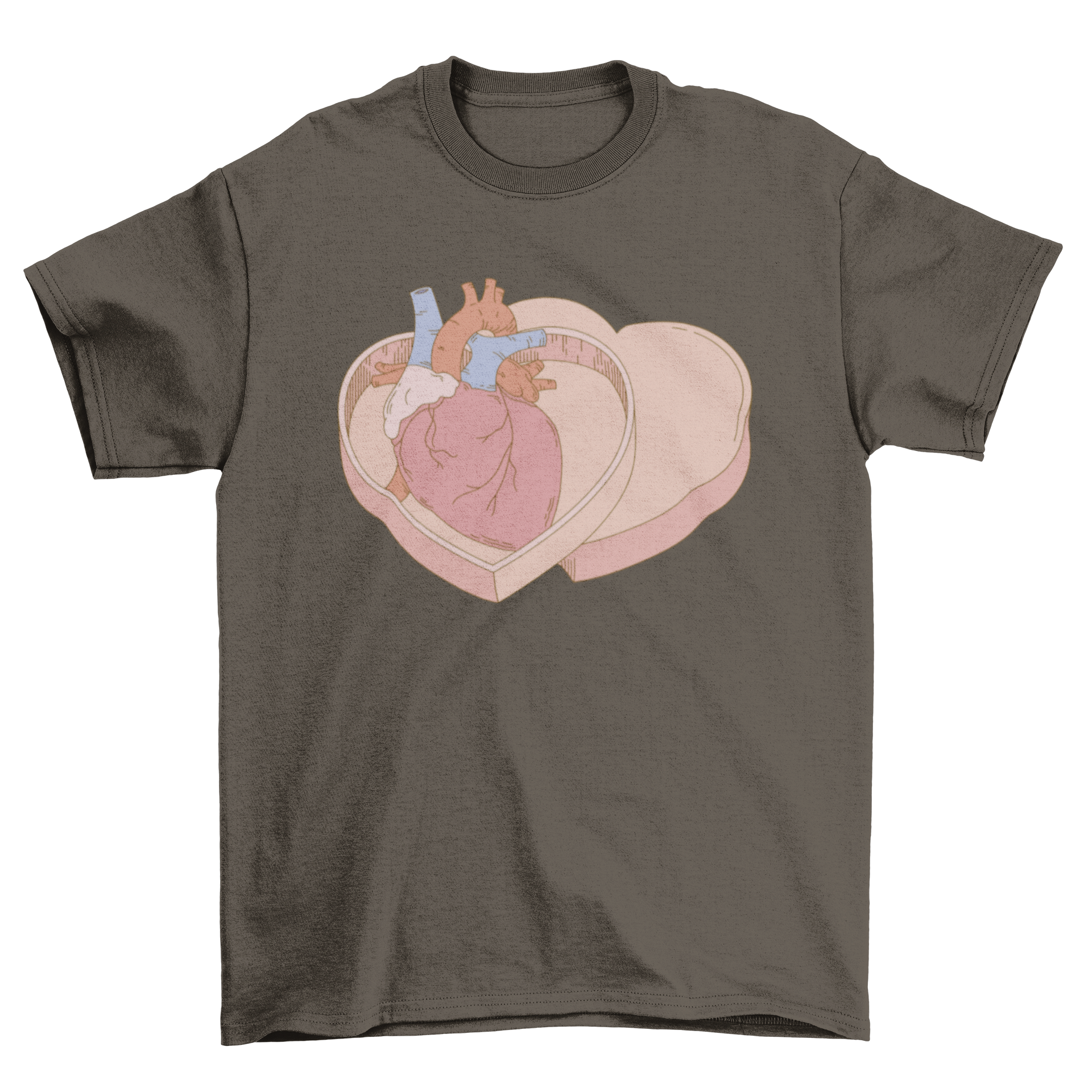 A stylish t-shirt featuring two heart-shaped boxes with an anatomical heart design, showcasing love and creativity.