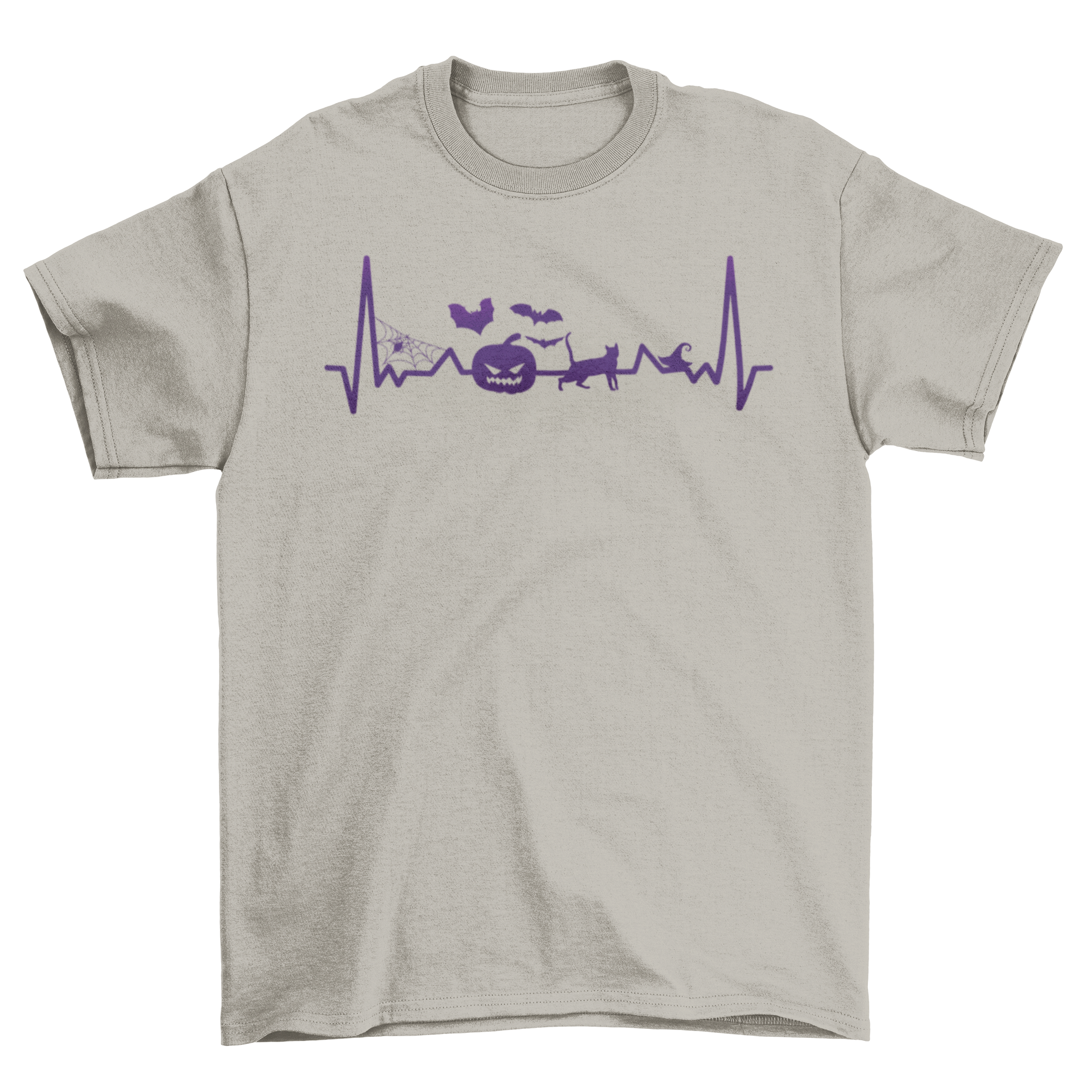 A Halloween-themed T-shirt featuring an electrocardiogram line with spooky designs like pumpkins and bats.