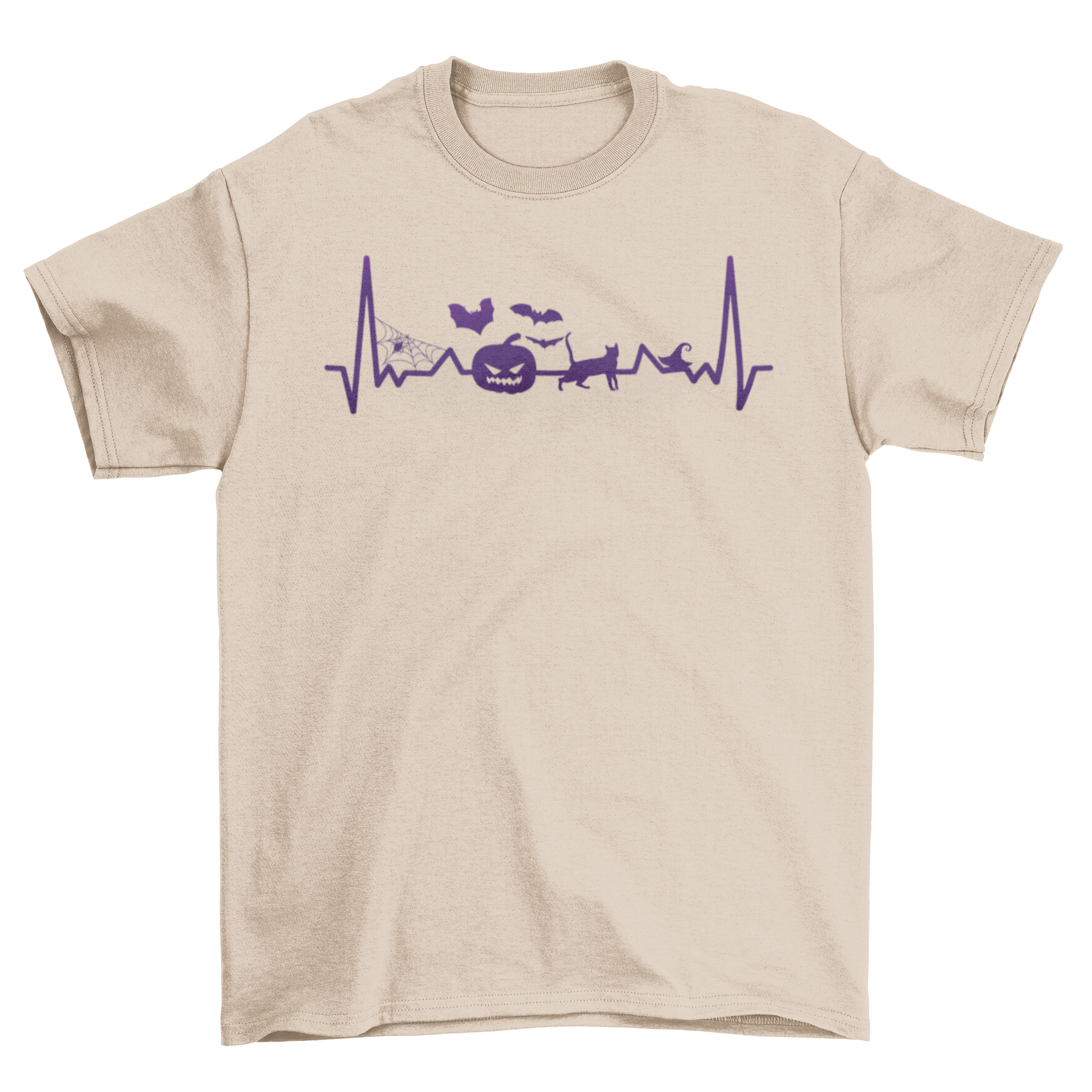A Halloween-themed T-shirt featuring an electrocardiogram line with spooky designs like pumpkins and bats.