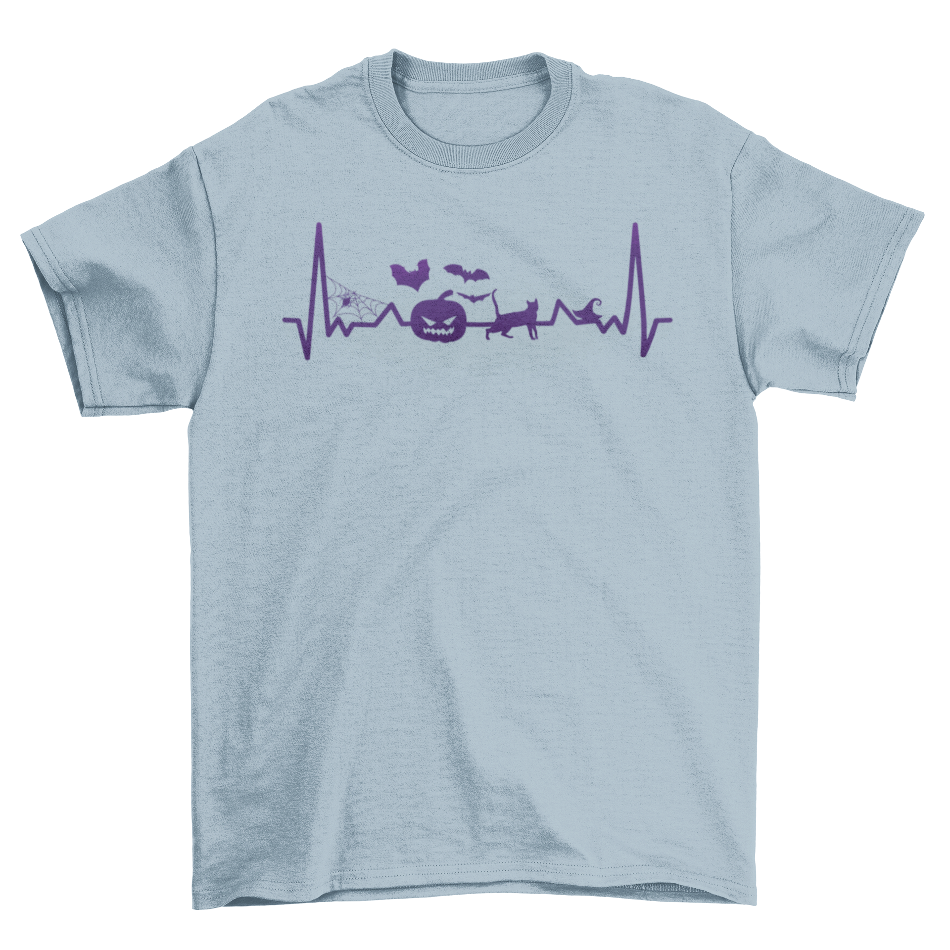 A Halloween-themed T-shirt featuring an electrocardiogram line with spooky designs like pumpkins and bats.