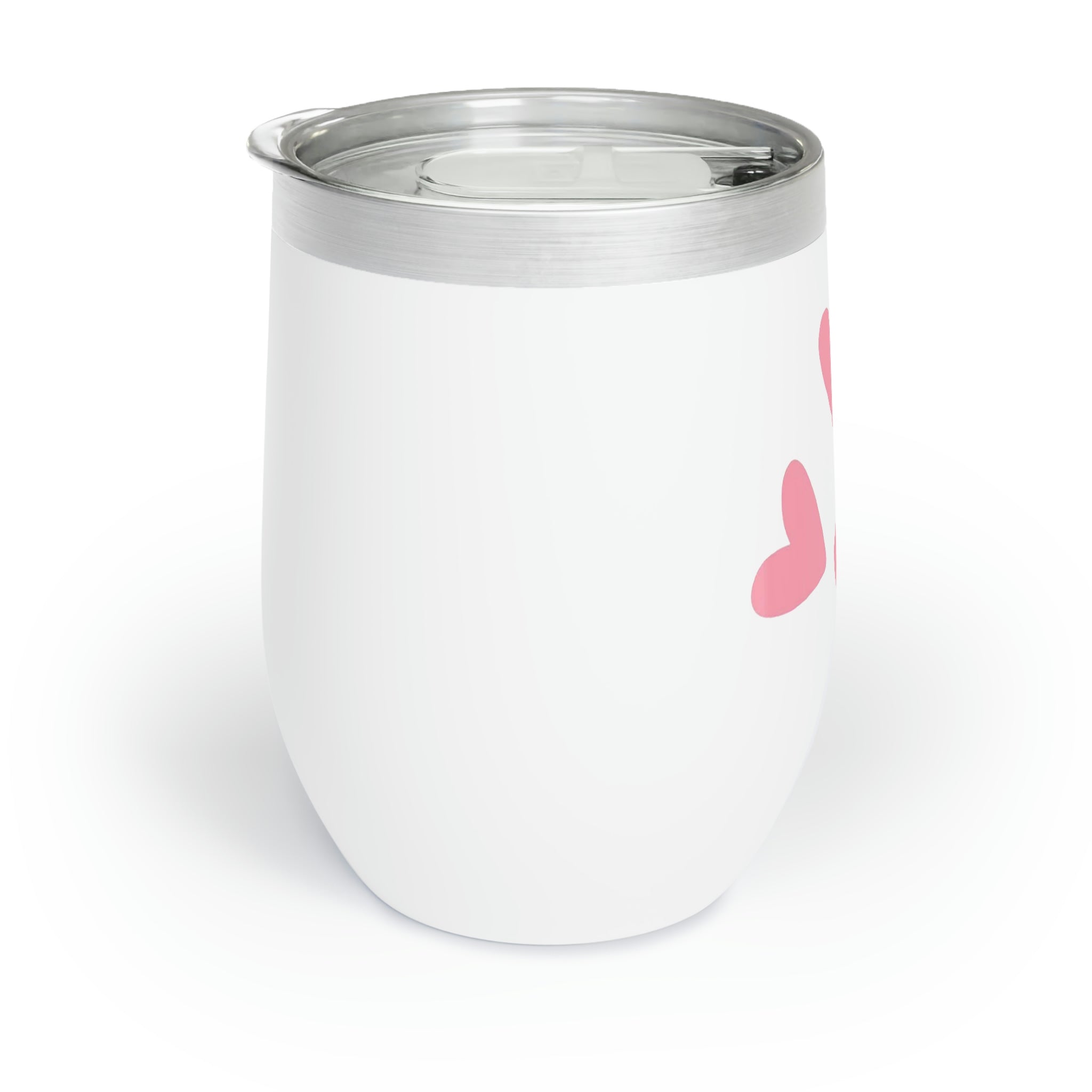 Hearts Chill Wine Tumbler in stainless steel with a customizable design, showcasing its double-insulated walls and stemless shape.